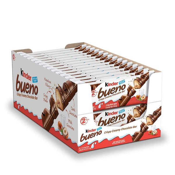 Kinder Bueno Milk Chocolate and Hazelnut Cream, 2 Individually Wrapped Chocolate Bars Per Pack, 1.5 oz each, 30 Pack