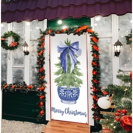 KRHFG Blue Chinoiserie Christmas Tree Door Cover Decorations, Coquette Blue Bow Xmas Tree Door Curtains Banners Photography Backdrop for Doorways Indoor Outdoor Winter Holiday Decoration, 35*79 Inch