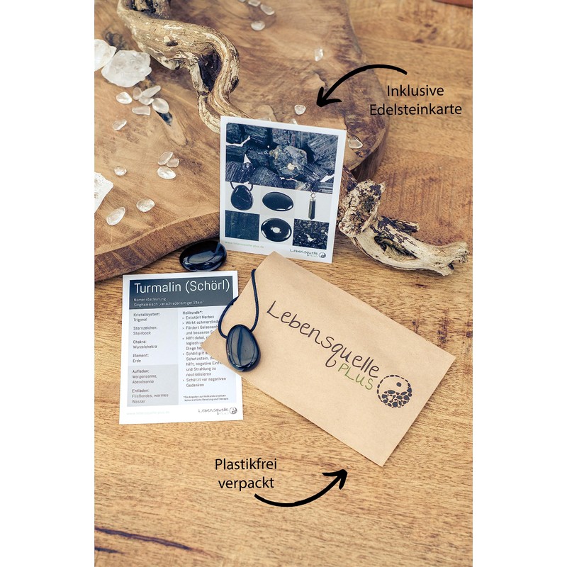 Lebensquelle Plus Black Tourmaline/Schorl Raw Stone Pendant with Leather Cord