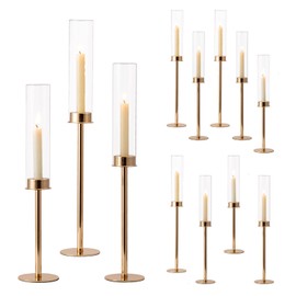 Hewory Gold Candle Holders Tall Hurricane Candlestick Holders: 12Pcs Taper Candle Holder Candelabra Centerpieces, Candle Stick Candle Holder with Candle Cover for Wedding Dinner Christmas Decor