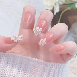 Pink Medium Press on Nails Square, Full Cover Reusable Coffin Glossy Acrylic Nails, Artificial Fake Nails with White Flower Designs, False Nails with Glue for Women, Stick on Nails for Nail Art 24Pcs