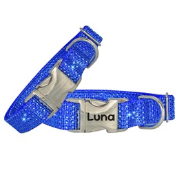 Fancy Rhinestone Dog Collar, Engraved Buckle & Leash Options, Handmade USA, Sparkly Bling Dog Collars, Sparkling Personalized Rhinestones Medium Large Dogs (Royal Blue, Extra Large 1 x 17-29")