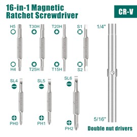 HYCHIKA Ratcheting Screwdriver 16-in-1 Multi Bit Screw Driver, Ratchet Screwdriver Set All in One with Phillips, Slotted, Torx, Square, Hex bit and Double End Nut Driver