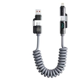 240W 4-in-1 Coiled Fast Charging Cable with LED Display, USB-A and Type-C to Type-C Compatible with Lightning, 2m, Zinc Alloy and TPU (Grey)