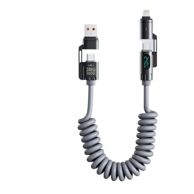 240W 4-in-1 Coiled Fast Charging Cable with LED Display, USB-A