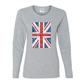 Union Jack Women's Long Sleeve Tee United Kingdom Distressed British Flag Grey Large