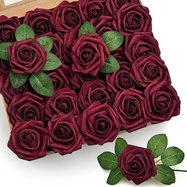Mocoosy - 50 rosas artificiales de color borgoña, rosas falsas para decoraciones, rosas de espuma de tacto real a granel con tallos para bricolaje, ramos de boda, despedida de soltera, centros de mesa, decoración del hogar