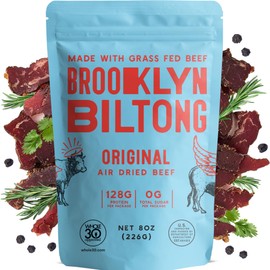 Brooklyn Biltong Air Dried Grass Fed Beef Snack, South African Beef Jerky (8 oz, Pack of 1) - Whole30 Approved, Paleo, Keto, Gluten Free, Sugar Free, Made in USA - (Original)