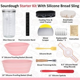 Sourdough Starter Kit, 34oz Sourdough Starter Jar, Bread Sling for Dutch Oven, 2 Bread Proofing Baskets, Thermometer, Time Tracker, Metal Scraper, Complete Sourdough Bread Baking Supplies - Pink