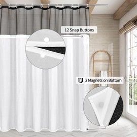 MitoVilla Black Long Shower Curtain 72 x 78, Modern Waffle 78 inch Long Fabric Shower Curtain Set with Cloth Snap-in Liner & Mesh Top Window for Hotel Spa Bathroom Decor