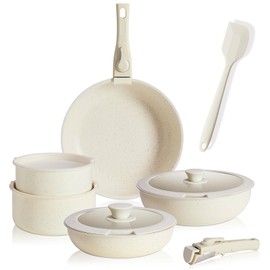 Non-Stick Granite Cookware Set with Detachable Handles Dishwasher Safe Compatible with All Stovetops Stackable Healthy & Easy to Clean 12PCS Pots and Pans (White)