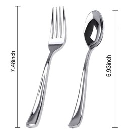 BUCLA 200 Pieces Silver Plastic Silverware - Disposable Silver Utensils - Heavy Duty Plastic Cutlery set- 100 Silver Plastic Forks, 100 Silver Plastic Spoons for Catering, Parties, Dinners, Weddings