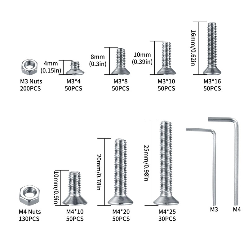 QJKEJI 580 Pieces M3 M4 Hex Flat Head Screw Set,