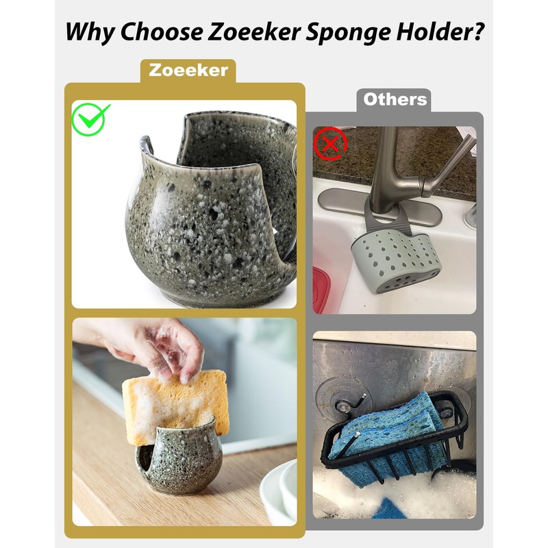 Zoeeker Sink Sponge Holder, Ceramic Kitchen Sponge Holder Sink Caddy