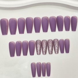 Matte French Tip Press on Nails Medium Square Fake Nails Glossy Glitter Full Cover Gel Glue on Nails with Chic Design Luxury Coffin False Nails for Women Kids Manicure Nail Decor - Purple