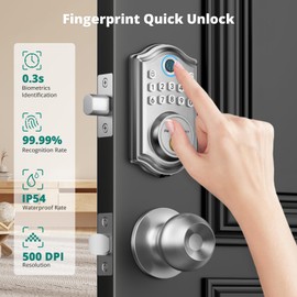 AkaGear DS10 Keyless Entry Door Lock, Fingerprint, Exterior Door Knob Handle, 2 Keys, Electronic Keypad, One-time Code, Smart Locks for Front Door, Bedroom, Auto-Lock, Easy Installation