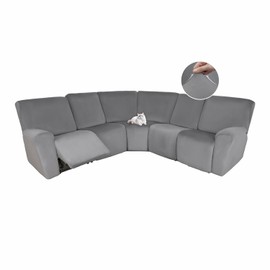 HDCAXKJ Reclining Sectional Couch Covers Velvet L Shaped Sectional Sofa Cover Washable Stretch Soft Corner Recliner Slipcover with Non-Slip Elastic Bottom (5 Seat Recliner Couch, Middle Gray)