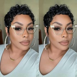 PangDongLai Chic Elegent Pixixe Cut Curly Wigs for Black Women Short Layered Pixie Cut Human Hair Wigs With Bangs Natural Black Color Summer No Glue Short Curly Human Hair Wig