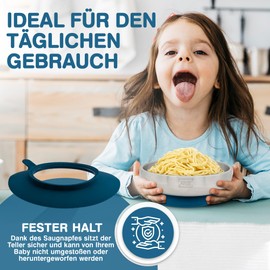 Rilli Stainless Steel Suction Cup Plate Deep, Non-Slip Baby Tableware, Baby Suction Cup Tableware (Petrol)