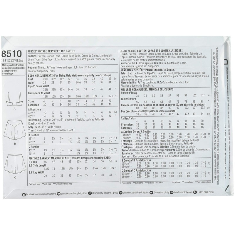 Simplicity Miss Vintage Brassiere and Panties Sewing Pattern, Paper, White,