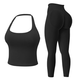 MAYROUND Womens Workout Sets Gym Outfits 2 Pieces Seamless Longline Halter Backless Crop Top Hidden Scrunch Leggings Yoga Tracksuit