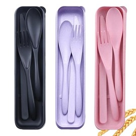 Reusable Utensils Set with Case, Travel Utensils with Case, Wheat Straw Travel Utensils for Lunch Box, for School Work Lunch or Daily Use