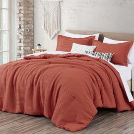 Chezmoi Collection Wilmer 3-Piece Full Comforter Set, Terracotta, Soft and Cozy Lightweight Waffle Weave Comforter Bedding for All Season
