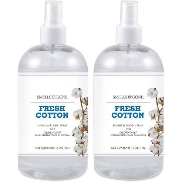 SMELLS BEGONE Air Freshener Home and Linen Spray - Odor Eliminator Concentrated Deodorizer - Neutralizes Odors at the Source -Made with Natural Essential Oils - 16 Ounces (2 Pack, Fresh Cotton)