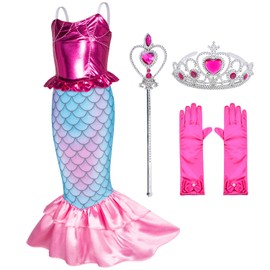 Little Girls Mermaid Princess Costume for Girls Dress Up Party with Gloves,Crown Mace 6-7 Years (Rosered)
