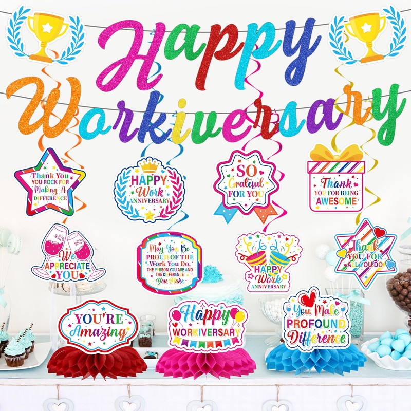 13 Pcs Work Anniversary Decorations, Happy Workiversary Banners with Hanging