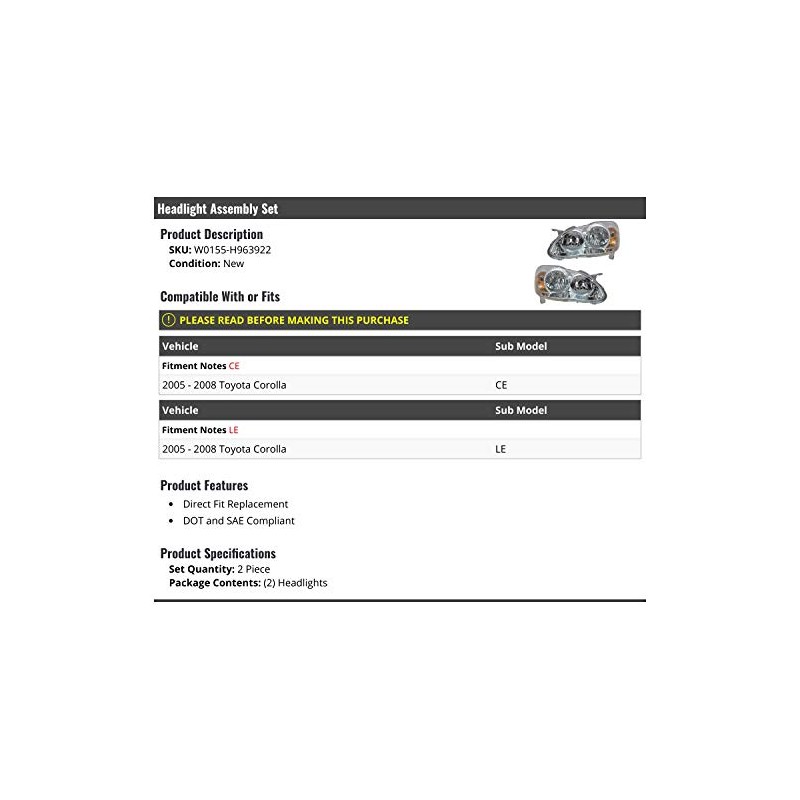 Headlight Assembly - Set of 2 - Compatible with 2005-2008