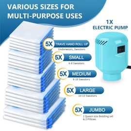 HOTBAG Large Vacuum Storage Bags with Electric Pump 25Pack(5 Jumbo/5 Large/5 Medium/5 Small/5 Roll Up Bags) Vacuum Seal Bags For Clothing Travel Packing,Blanket,Duvets,Pillows,Comforters