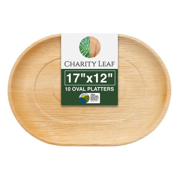 Charity Leaf Disposable Palm Leaf 17" x 12" Trays (10 pieces) Bamboo Like Serving Platters, Disposable Boards, Eco-Friendly Dinnerware For Weddings, Catering, Events