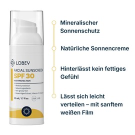 Lobey Mineral Sun Cream Face SPF 30 - Natural UVA/UVB Protection Against Sunburn & Wrinkles, Unscented, Waterproof, Ideal Under Makeup (50 ml)