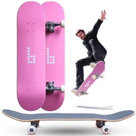 Braille Complete Skateboard for Adults Teens Boys & Girls Kids Skateboard: Standard Skateboard for Tricks 8 Inch x 31.5 Long Pro Skate Board, Full Grip Tape, 7 ply Canadian Maple Metal Trucks, Pink