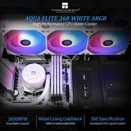 Thermalright Aqua Elite 360 ARGB White CPU Aio Cooler, 360 CPU Liquid Cooling, Pump Head Speed up to 6400RPM,for AM4/AM5,Intel LGA1851/1150/1151/1200/2011/1700,High Performance Radiator(White)