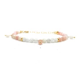 Ladies Pink Opal and Natural Moonstone Bracelet 4mm 24k Gold Plated Sterling Silver Adjustable from 16cm to 19cm