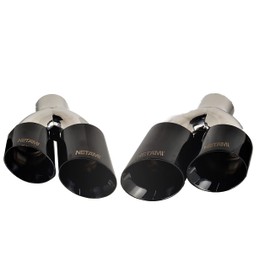 NETAMI 3" Inlet to 4" Quad Staggered Outlet Stainless Steel Exhaust Tip Double Wall Side Exit Black Chrome Finished A Pair