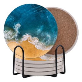 Ocean Coastal Theme Round Coasters Set of 6 - Abosrbent Ceramic Coasters with Metal Stand for Drinks, Beer, Coffee, Non-Slip Cork Back for Tabletop Protection, 4 Inches (Waves)