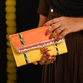 Handmade Gota Pati work Purse Wallet Batawa Hand Stitched Traditional Ethnic Golden Work Clutch for Girls Women Party Wedding Special Occasion and Gifting (Yellow and Orange - 8.8"x5")