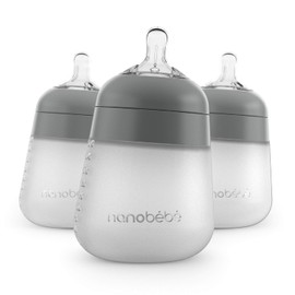 Nanobébé Biberón Flexy de Silicón 9 onzas / 270 ml Anticólicos 360° Textura Suave Tipo Pecho Materno, Paquete de 3 Gris