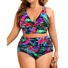 Women's Plus Size Two Piece Swimsuits - High Waisted Bikini Tummy Control Bathing Suits 2025 Twist Knot Swimwear, Floral, 16 Plus