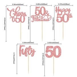 Paquete de 30 adornos para cupcakes de 50 cumpleaños, color oro rosa, purpurina de cincuenta saludos a 50 años, palillos para cupcakes de cumpleaños 50 años, suministros de decoración de pasteles