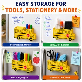 School Bus Magnetic Marker Holder for Whiteboard, Non-Slip Acrylic Dry Erase Marker Organizer with Full-Back Powerful Magnet, Storage Caddy for Markers, Pens & Erasers, Teacher Classroom Decor