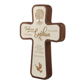 Christening Cross Children's Cross Made of Durable Kebony and Poplar Wood with Individual Engraving 11 x 16 x 2.2 cm - World Tree