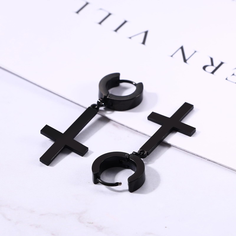 JewelryWe Mens Inverted Cross Earrings: Upside Down Cross Dangle Earrings