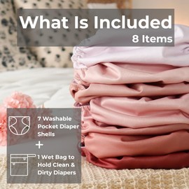 Nora's Nursery Large Pocket Cloth Diaper 7 Pack for Toddlers 35 to 55lbs with 1 Wet Bag - Waterproof Cover, Washable, Reusable & One Size Adjustable - Ballet Slippers