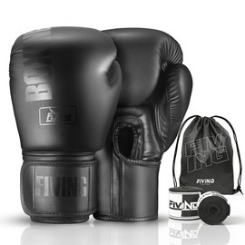 FIVING Boxing Gloves with Hand Wraps (Black, 16oz)