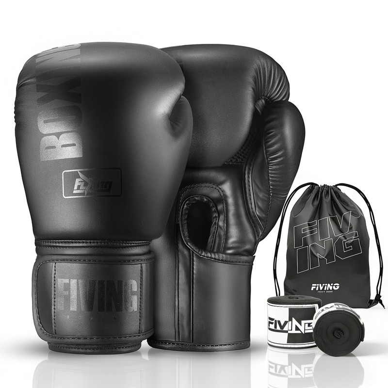 FIVING Boxing Gloves with Hand Wraps (Black, 16oz)