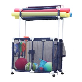 Pool Bins Pool Storage Equipment Organizer Holder - Noodles, Toys, Balls and Floats Mesh Rolling Double Decker Bin, Large with Noodle Rack, (23" L x 35.3" W x 59.4" H), Blue/White